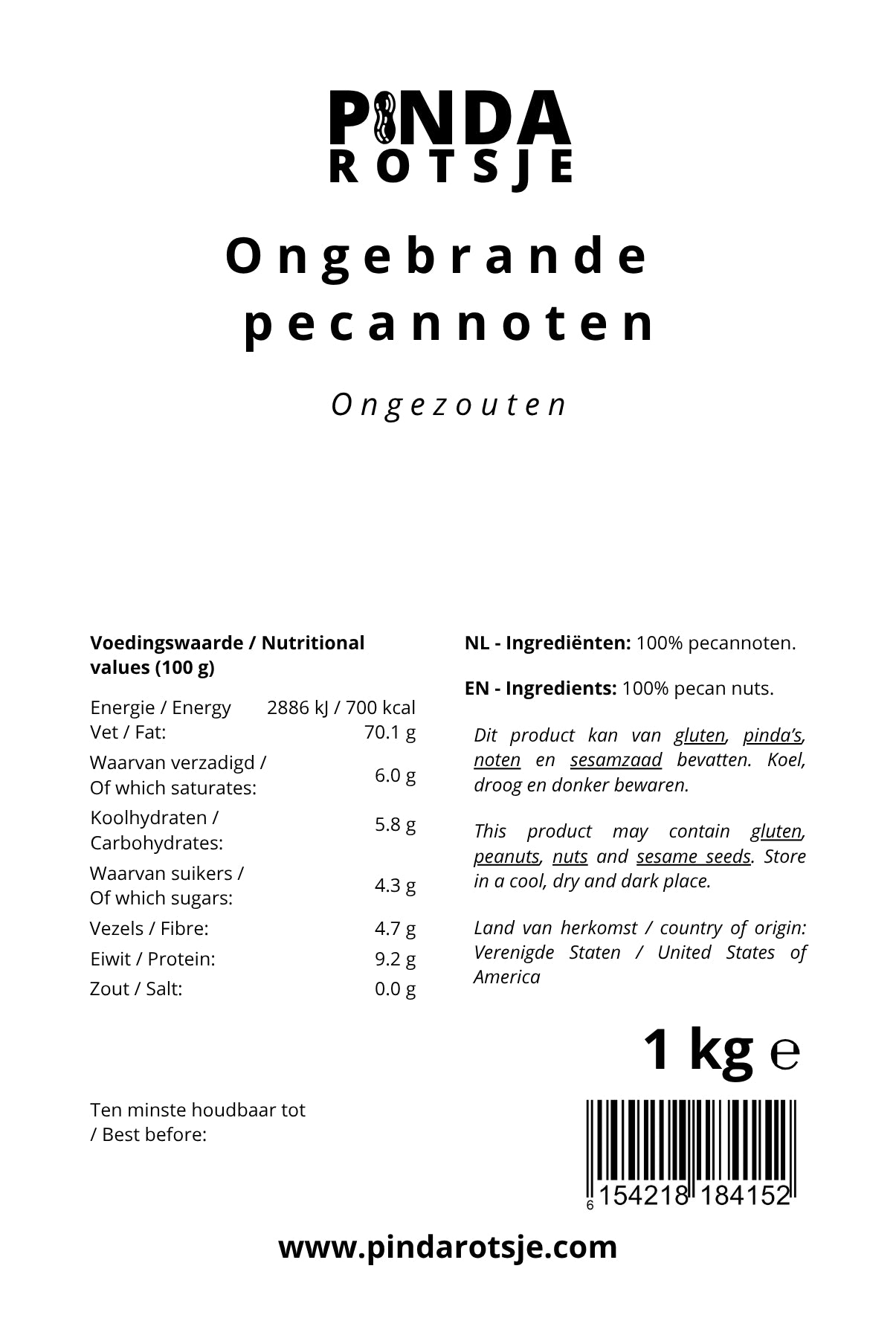 specificaties ongebrande pecannoten