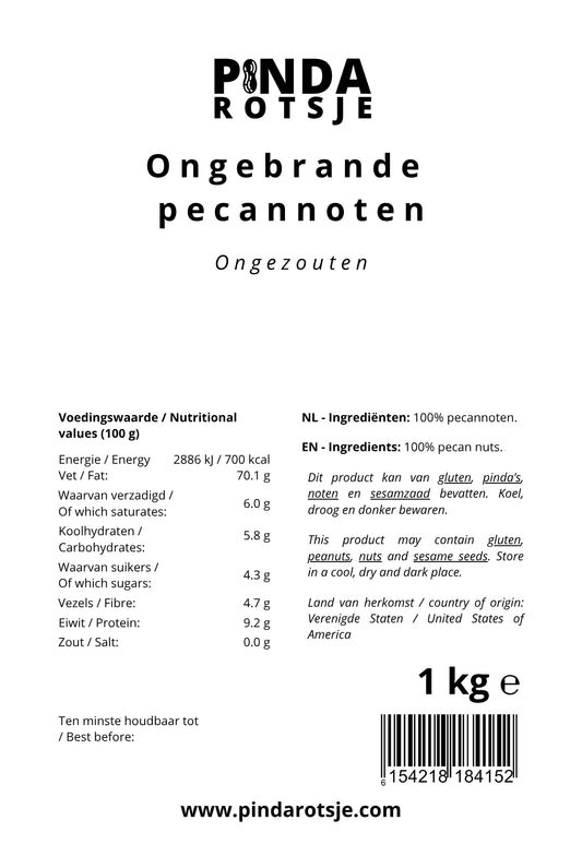 specificaties ongebrande pecannoten