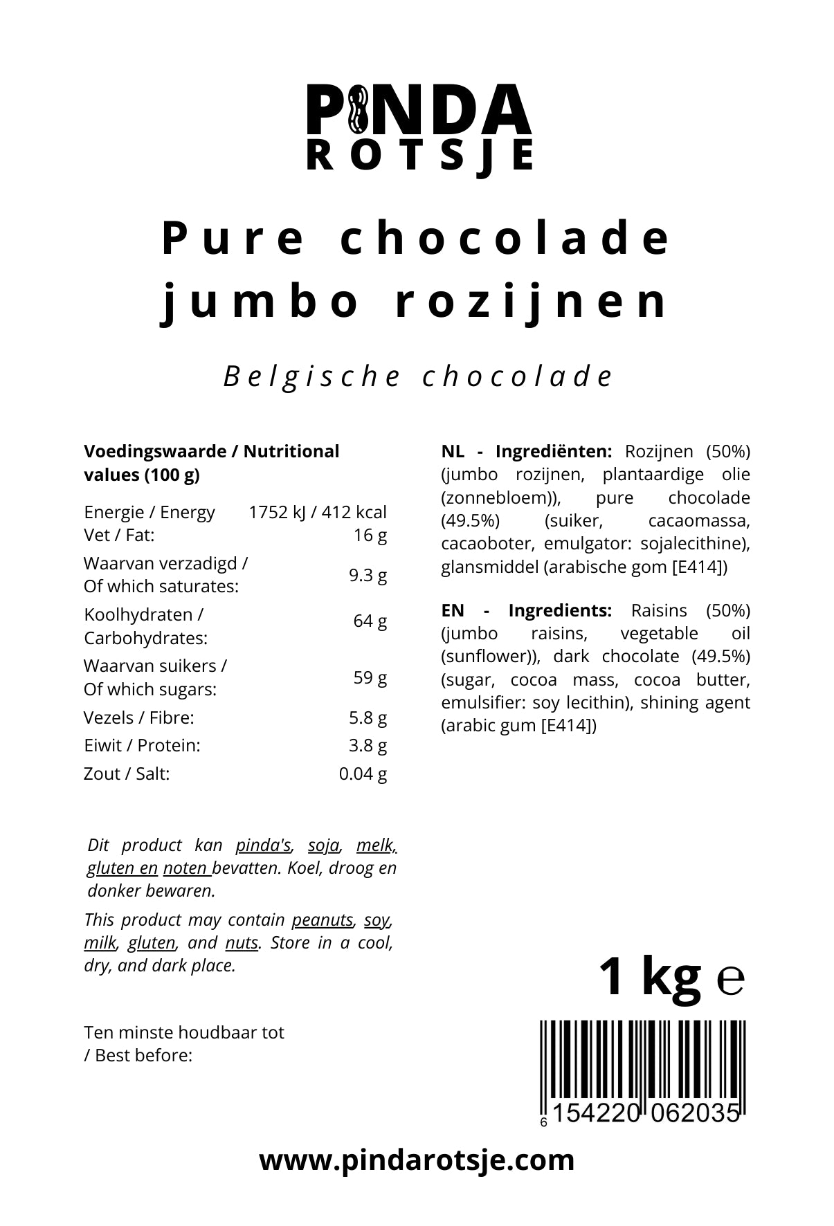 Pure chocolade rozijnen 1 kg