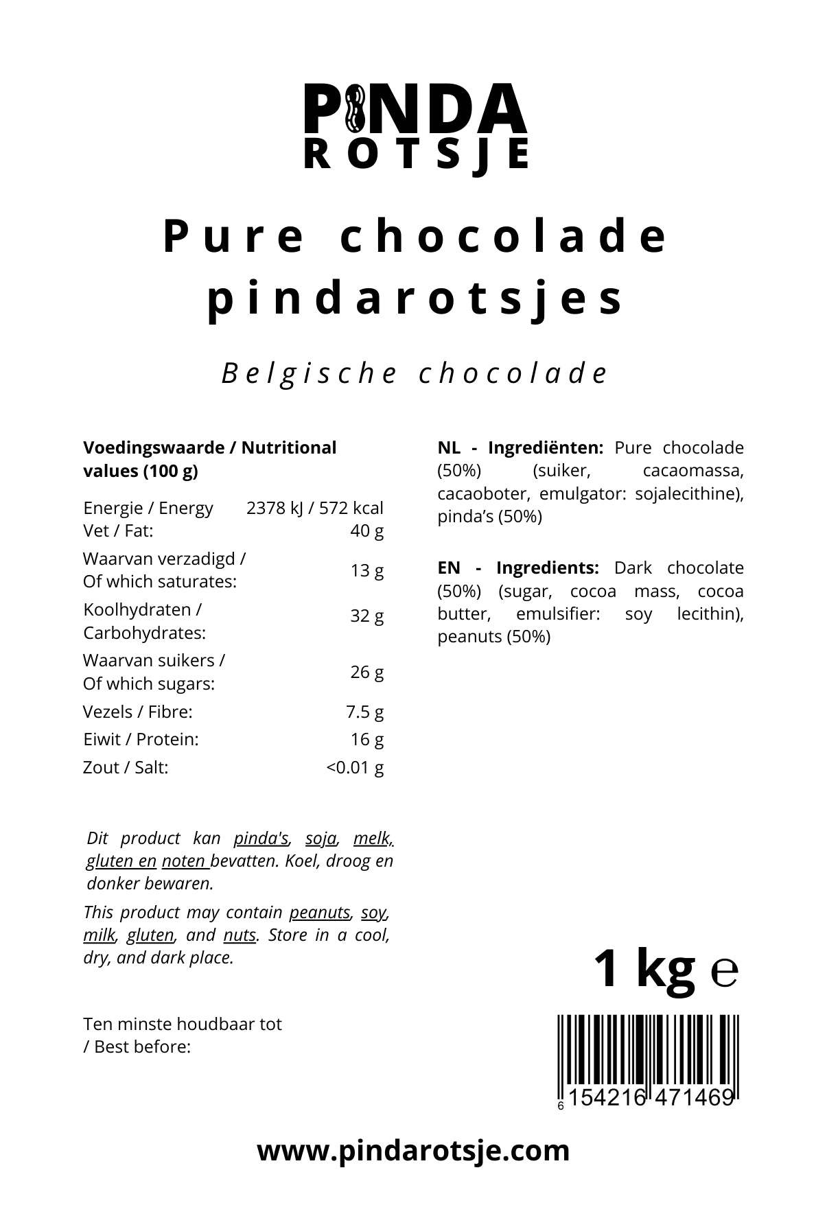 Pure chocolade pindarotsjes specificaties