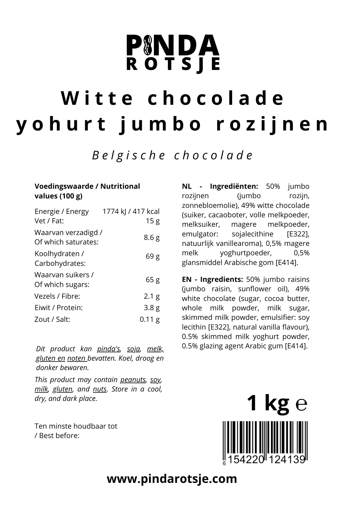 Witte chocolade yoghurt jumbo rozijnen specificaties