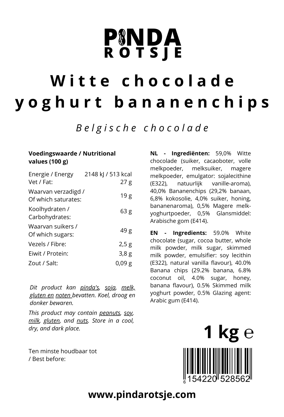 Specificaties witte chocolade Yoghurt bananenchips