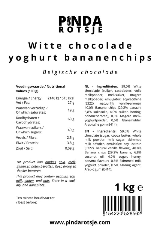Specificaties witte chocolade Yoghurt bananenchips
