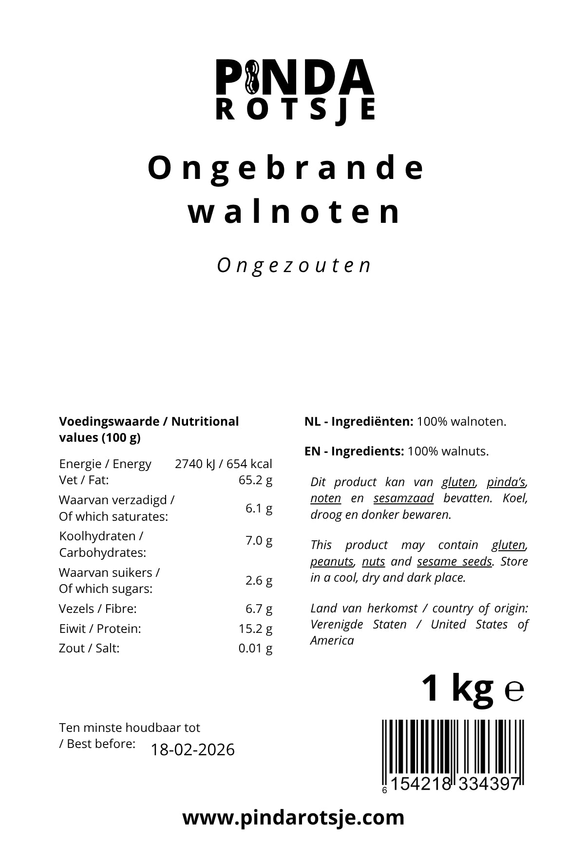 Specificaties van ongebrande walnoten ongezouten