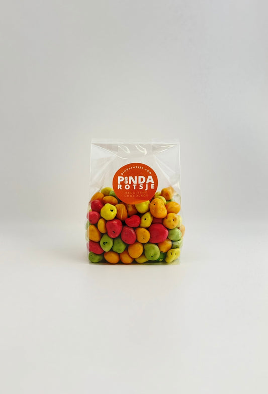 Een zakje van 200 gram gekleurde chocolade rozijnen 