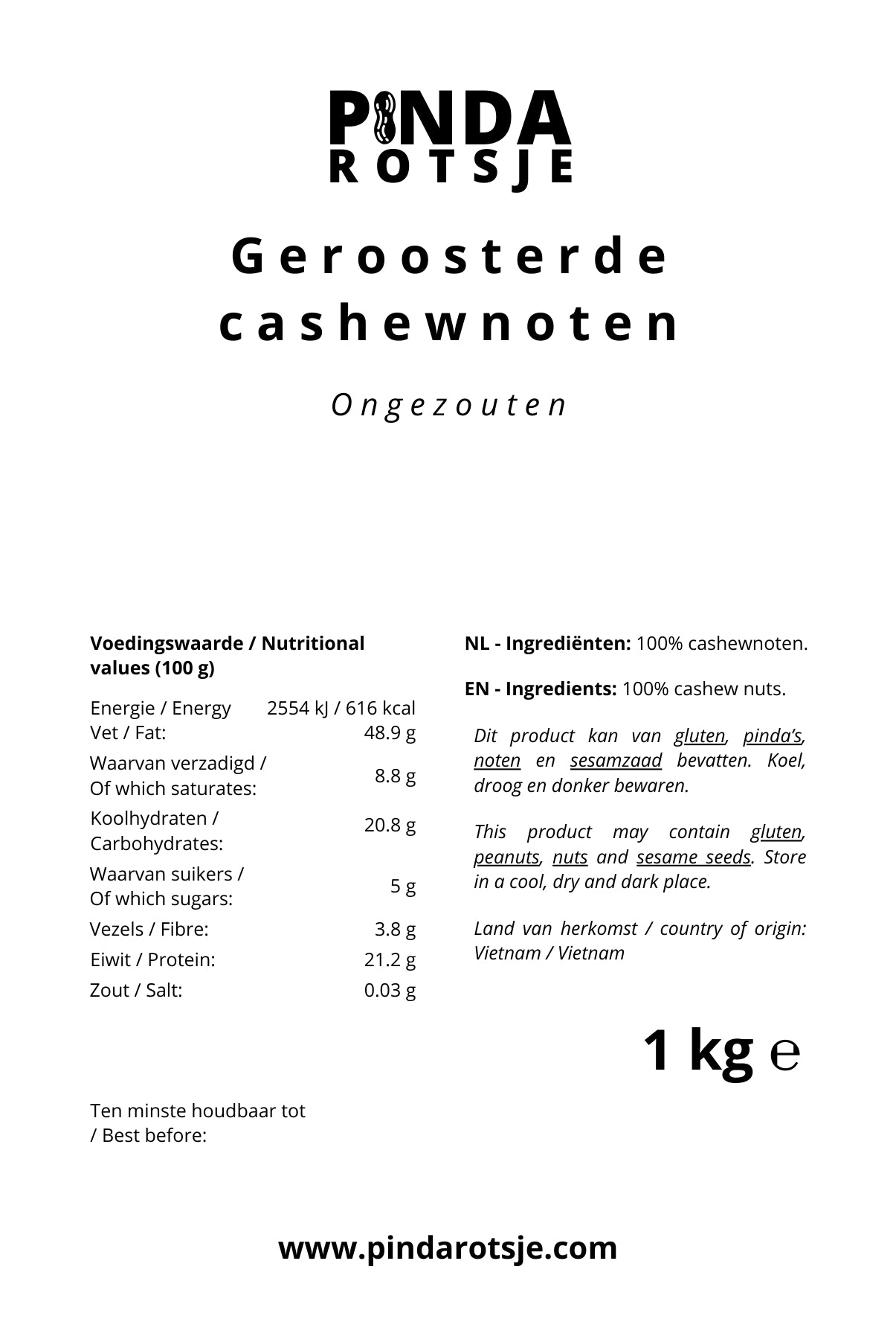 Specificaties droog Geroosterde cashewnoten