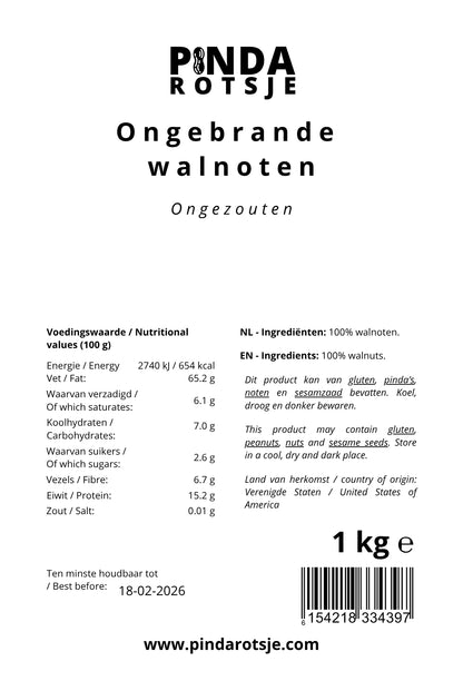 Specificaties van ongebrande walnoten ongezouten